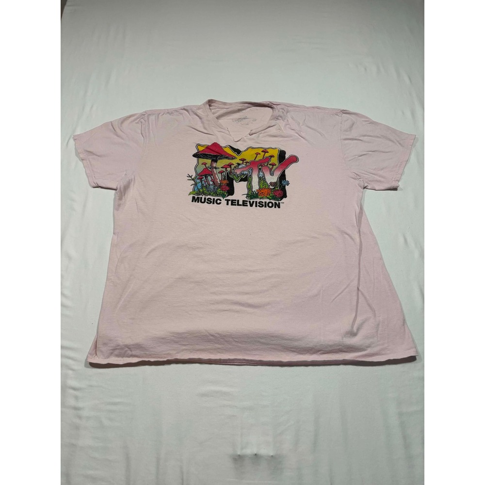 MTV Music Television Mushroom Graphic Tee Pink V-Neck Short Sleeve Shirt 2XL
